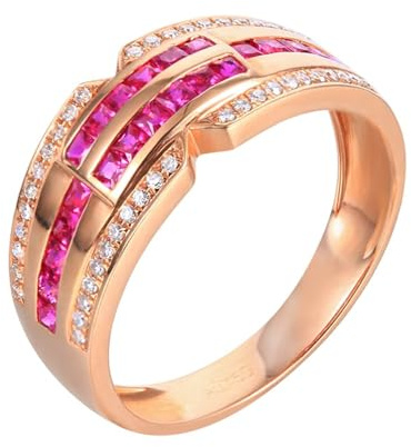 Anello Oro 750 18K Donna, Anello Fidanzamento Rosso 0.68 Carati Ruby Creato In Laboratorio Fila Di Perforazione Oro Rosa 750 con Moissanite Misura 9