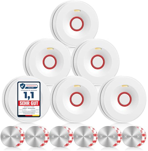 Rauchmelder, Feuermelder mit 10 Jahre Batterie, Brandmelder mit Magnethalterung und Starken Klebepads, Rauchwarnmelder, DIN EN 14604 Zertifiziert, 6er Set