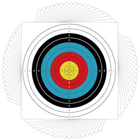 20 Blatt Bogenschießen Zielscheiben, 60cm x 60cm Bogenschießen Ziel Gesicht, 10 Ringe Papier-Scheibenauflagen für Jagdschießen Training Praxis, Bogenschießen Zubehör