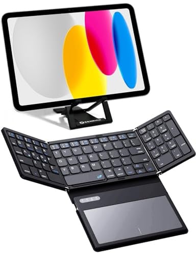 zenrich Foldable Bluetooth Keyboard W/Touchpad/Number Pad/Stand, Black | Full-size Folding Portable Travel Wireless Keyboard for Android iOS Windows Tablet Smartphone (Sync Up to 3 Devices)