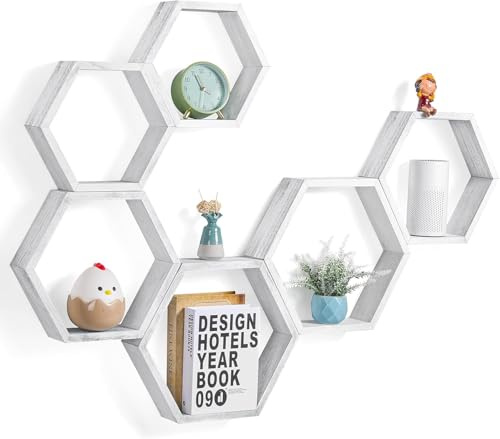 Sechseckige schwebende Regale Wandmontage 6er Set Wabenregale Holz Sechseckige Lagerung Hängeregale Bauernhaus Wabenregale für Wanddekoration Schweberegale für Schlafzimmer Wohnzimmer Grau-Weiß