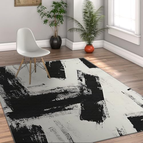 Via Vela Japanischer Teppich 160x200cm Abstrakter schwarzer Pinselstrich Design Große weiche Teppiche fürs Wohnzimmer Ink Splash Art Vorleger Schwarz Weiß rutschfeste Fleckenschutzteppiche