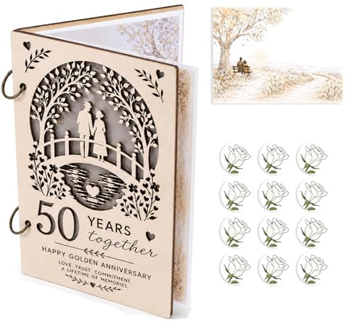 PUQGAOIP 50th Wedding Anniversary Cards, Wooden Golden Wedding Anniversary Card Set with 2 Iron clasp, Paper Insert and White Rose Stickers, 50 Years Together Gift for Parents Grandparents Couple