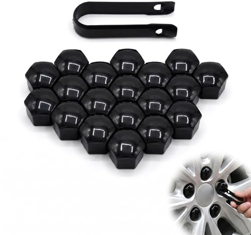 Lot de 20 Cache Ecrou 19mm Noir Brillant, Capuchon de Boulon de Roue Universel pour Voiture, Protection de Vis de Moyeu avec Outil de Démontage, Accessoires de Décoration de Pneu (20 Pièces)