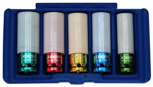KUNZER 7RK05 Impact-Radmutterneinsätze ½“ - 5er-Set - 15-17-19-21-22 mm aus Chrom-Molybdän - Länge 85mm - im Koffer