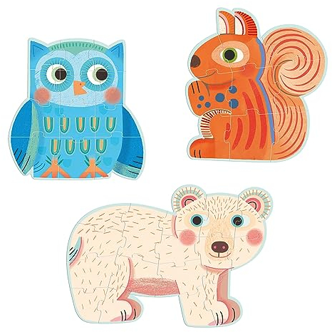 Djeco 37143A 37143 Bär Eule Eichhörnchen Progressive Rätsel, gemischt, 3 Stück (1er Pack)