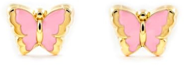 Damen & Kinder rosa Schmetterlings Ohrstecker - Gelbgold 9 Karat (375)