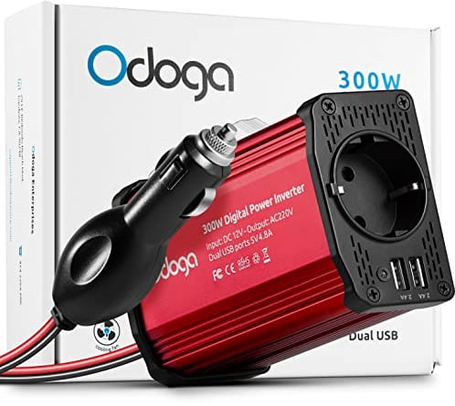Odoga Wechselrichter 12V auf 230V – 300 W Spannungswandler, Stromwandler mit 3A USB-C und USB-A Anschluss, Inverter 12V 220V, Auto Steckdose, Laden Sie Ihr Laptop, iPad, iPhone, Tablet Und Mehr