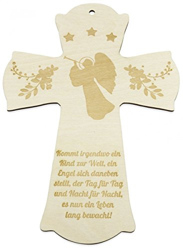 GRAVURZEILE Taufkreuz aus Holz im Engel Motiv - Geschenk zur Taufe - Geburt oder Kommunion - 28 x 20 cm - Taufgeschenk Mädchen Jungen