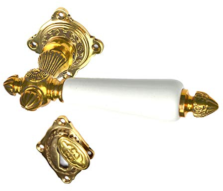 Türbeschlag-Set antik Messing mit Keramikgriffhülsen für Zimmertüren, Drückergarnitur mit Türklinken und Rosetten für Buntbart, Modell 1899 aus patiniert