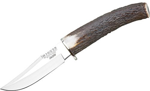 Joker Jagdmesser CC70 Luchadera mit Hirschhorngriff, Gürtelmesser mit 10 cm MOVA-Klinge, inkl. brauner Lederscheide, Werkzeug zum Angeln, Jagen, Camping und Wandern
