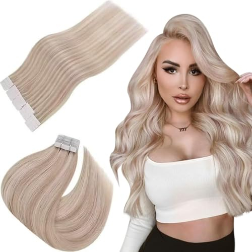 Easyouth Tape in Extensions Echthaar Blond Tape Echthaar Extensions Remy Tape in Haarverlängerungen Echthaar Aschblondes Highlight mit Hellblond 30 cm 30g #P18/613