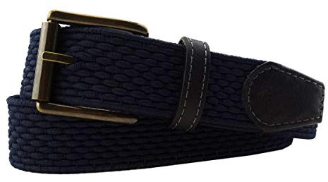 TigerTie hochwertiger Stretchgürtel mit Edelstahl Schnalle und echt Leder Applikationen blau dunkelblau marine einfarbig. Gürtelbreite 35 mm, Bundweite 110 cm