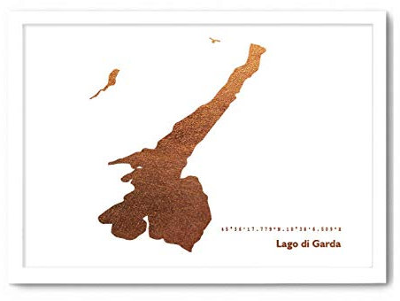 Lago di Garda Poster - Wähle Rose-Gold Silber Kupfer + Wunschtext + Rahmen - Personalisierte Wand-Deko Wohnzimmer, Gardasee Wand-Bild Kunstdruck Zuhause Schlafzimmer - A4 A3