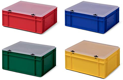 4 Stk. Transport-Stapelkasten Eurobox Stapelbox mit transparentem Deckel, 4 Farben, 400x300x186 mm (LxBxH), stabile Profiqualität und modernes Design