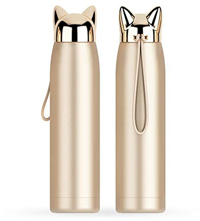 ZYTB Bouteille d'eau 320ml / 11 oz à Double paroi Thermos Bouteille d'eau Vide en Acier Inoxydable Mignon Fox FLASKS Cat Oreille Thermique Lait Café Tasse de thé Voyage (Color : Rose Gold)