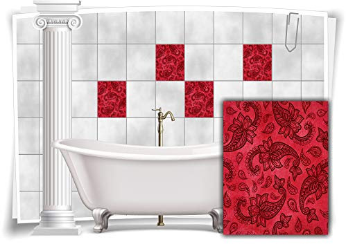 Medianlux Fliesen-Aufkleber Fliesen-Bilder Damast Barock Nostalgie Retro Floral Rot Bad WC Deko Folie Badezimmer Dekoration, 4 Stück, 15x20cm m21h-rot-114832