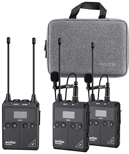 FOMITO Godox Pro Système de microphone Lavalier sans fil WMicS1 avec 2 émetteurs TX1 + 1 récepteur RX1 avec OLED HD, 96 canaux, anti-interférence d'image, RF réglable, longue durée de vie