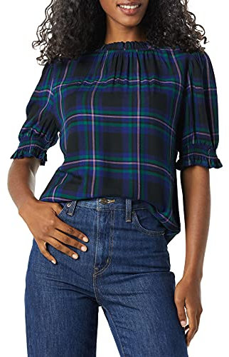 Amazon Essentials Women's Fluid Twill Short Puff Sleeve Smock Detail Shirt, Black Multi Chelsea Tartan, L