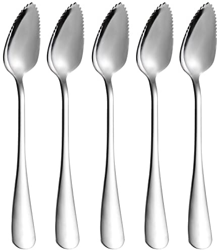 5 PCS Grapefruit Spoons, Stainless Steel Grapefruit Spoon Utensil Set, Serrated Edge & Thick Gauge Handle, Silver Kitchen Tool with Non-stick Plating for Kiwi, Dessert, Apple, Citrus Fruit