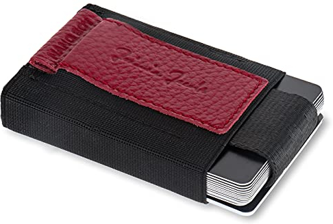 Jaimie Jacobs Nano Boy Mini Wallet kleine Geldbörse aus Textil dünner Geldbeutel, Slim Wallet mit Zugband Kartenhalter, Kartenetui Damen (Genarbtes Leder Rot)