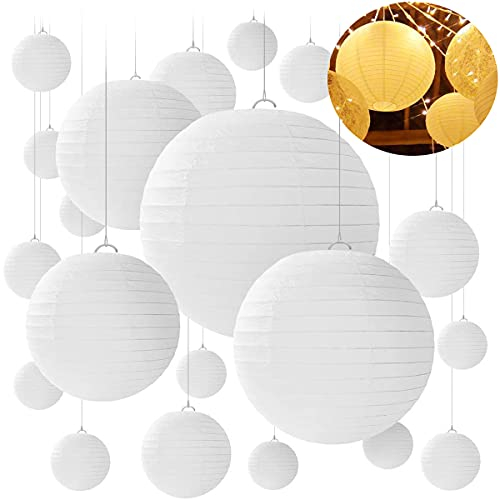 20 Stücke Lampions, Lampenschirm Rund Weiß Papier Laterne Classic Bamboo Style Gerippter Lampenschirm Deko für Party Garten Hochzeit Dekoration Ballform - Verschiedene Größen - 15/20/25/30 cm