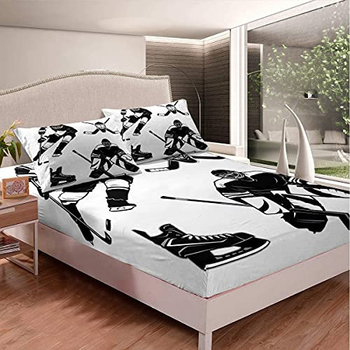 Jungen Eishockey Bettlaken Set für Kinder Kinder Eishockeyspieler Bedruckt Spannbettlaken 90x200cm Dekoratives Sport Event Spannbetttuch Schwarz Weiß Wintersport 2St