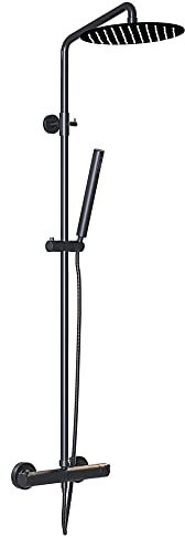 Colonna Doccia In Acciaio Inossidabile Nero Con Miscelatore Termostatico Design Superior Plus Moderno Multifunzione Doccia, Getto A Pioggia, Doccetta, Temperatura Costante Soffione Tondo 30 Cm
