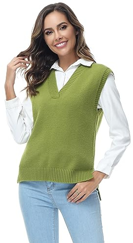 MODFUL Women Knitted Vest Sleeveless V-Neck Sweater Chunky Classic Jumper Pullover (Green, S)