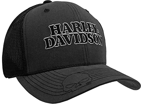 Harley-Davidson Herren Trucker-Kappe Bestickt Totenkopf & H-D Text Mesh Schwarz, Schwarz, Einheitsgröße