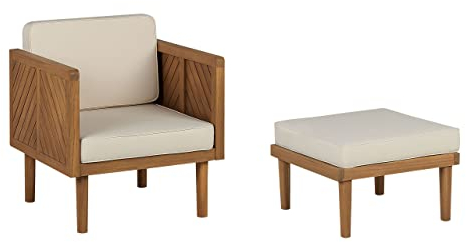 Lounge Sessel mit Ottomane Akazienholz Hellbraun Auflagen beige Rustikal Baratti