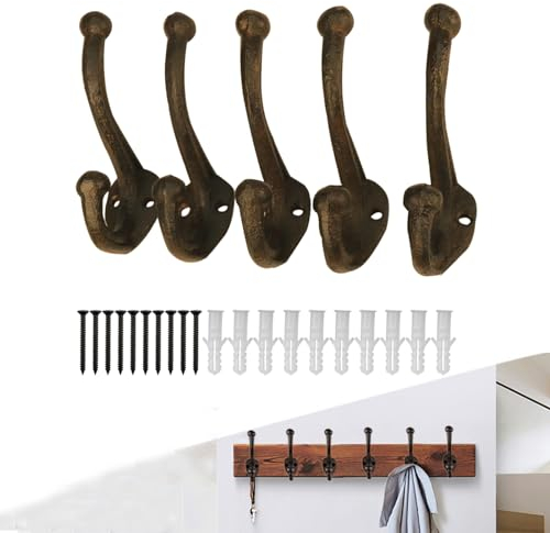 YWZHENYU 5- Pack Heavy Duty Cast Iron Hooks Vintage Wall Mounted Hooks Rustic Wall Hooks for Hanging Coats, Bags, Backpack, Towels, Hats, Farmhouse Decor with Screws