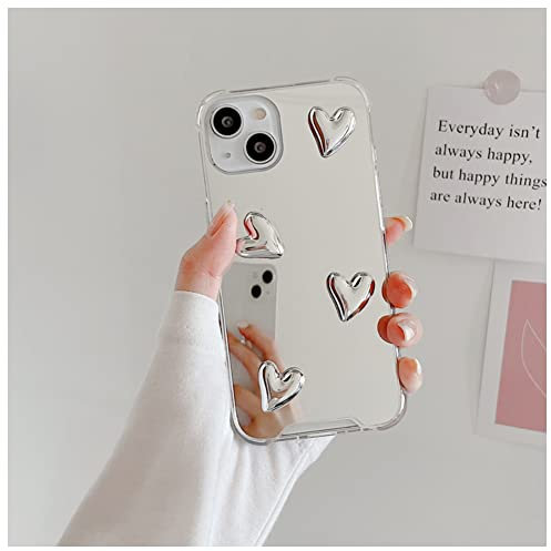 Vanqiang Fashion Korean Style Cute Heart Soft Silicone Clear Phone Case Compatible with IPhone 13 Pro Max 14 11 12 XS XR Silvery Mirror Protect Cover (Heart,For 14)