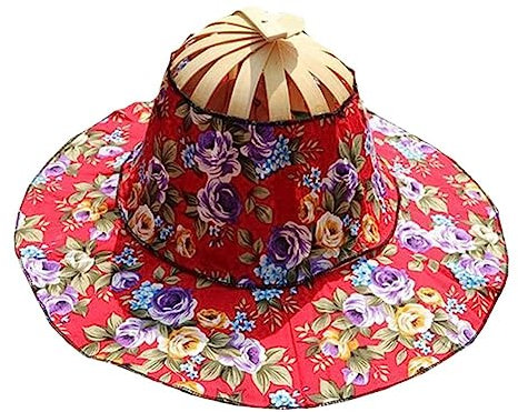 2 in 1 Foldable Hand Fan Hat for Women Sun Hat Summer Flower Chinese Style Bamboo Fan Sunhat for Travel Beach