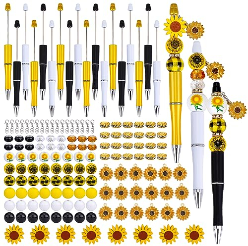 WEWAYSMILE 18 Stück Perlenstifte DIY Kugelschreiber Verschiedene Perlenstift Kits Perlenstifte Aus Kunststoff In Großpackung Mit Perlen Für Frauen Geschenke Schul Und Bürobedarf (Sonnenblume)