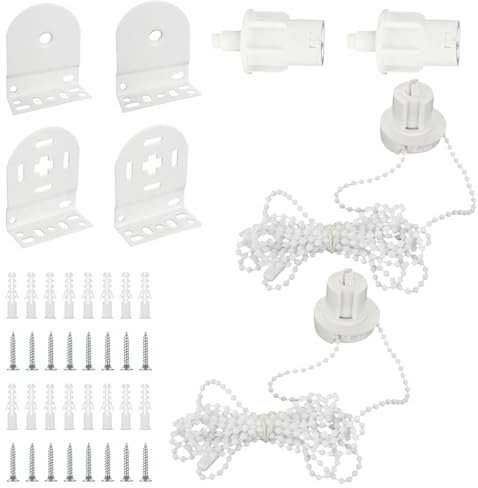 LDHHYH 4PCS Roller Blind Brackets 32mm, Roller Blind Fittings, Roller Blind Spares Replacement Repair Kit, Curtain Roller Blind Bracket with 3M Beaded Chain & Screws for Fixing Curtain Blinds Windows