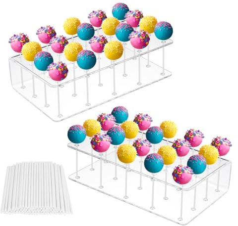 2 Stück Cake Pop Ständer, 20 Löcher Lollipop Ständer, Acryl Popcake Halterung mit 200 Stück Papierstab, Cake Pop Stiele für Hochzeiten Abschlussball Geburtstag Halloween Süßigkeiten Dekorationen