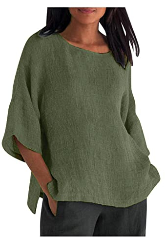 KOG Damen T-Shirt Basic Einfarbig Oberteil Lässig Kurzarm Shirt Frauen Shirts Tie-Dye Muster Top Frau V-Ausschnitt Elegant Pullover Armeegrün L