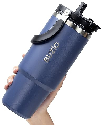 BUZIO 40oz Travel Mug with Straw and Handle - Iced Coffee Tumbler Cup - Coffee Travel Mug - Stainless Steel Water Bottle - Tumbler with 2-in-1 Lid and Straw - 100% BPA-Free - Car Coffee Cup Blue
