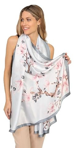 Trillion London® Seidenschal für Damen | Leichte Damenschals | Schals | Kopftuch | Geschenke für Damen | Designerdrucke | Alltagskleidung | Geschmeidig und weich | Blumendruck | Hellgrau
