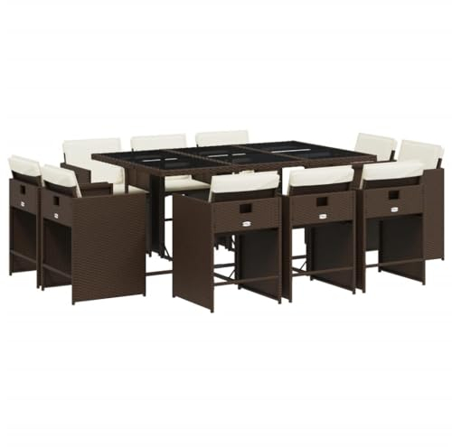 vidaXL Garten Essgruppe 11-TLG., Gartenmöbel Set mit Kissen, Gartengarnitur Tisch 10 Stühle, Sitzgruppe Sitzgarnitur, Braun Poly Rattan
