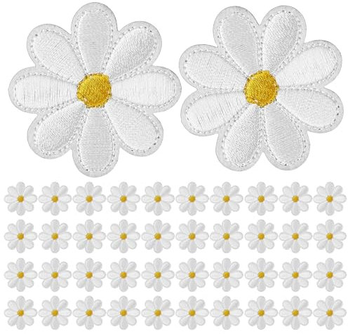 ILYNIU 40 Pcs Daisy Flower Iron on Patches, Embroidery Applique Patches, Embroidered Repair Patches, Embroidered Appliques, Patches for Jackets,Caps,Dress, Bag,Backpacks DIY Clothing Repair (White)