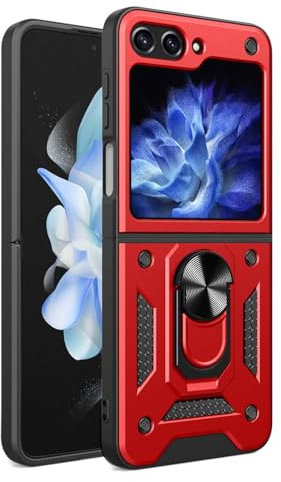 WBWONE Cover per Samsung Galaxy Z Flip 6 / Z Flip6 5G, TPU/PC Antiurto Protettiva Custodia con 360° Girevole Anello e Copertura Della Fotocamera Scorrevole, Rosso