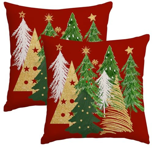 Miaikoe Weihnachten Kissenbezüge 50x50 cm Set von 2 Weihnachtsbaum Rot Dekorative Kissenbezüge Winter Urlaub Kissenbezüge Dekor für Home Couch Sofa