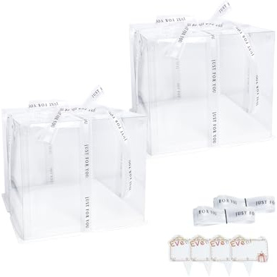Vebetter 2 Stück Tortenbox Tortenschachtel Tortenkarton 18 * 18 * 13 cm Cake Box Transparent Torten Transportboxen Geschenkbox Durchsichtig mit Weiß Sockel, Band, kleine Karte für Geburtstag Dessert.