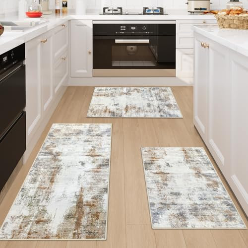 Famibay Kitchen Rug Sets 3 Piece Kitchen Mats Non Slip Washable Kitchen Runners Floor Mat Brown Modern Abstract for Kitchen Laundry Room Hallway 50x120cm+50x80cm+50x80cm