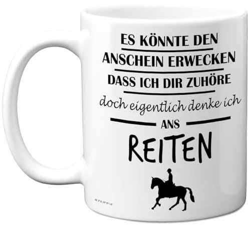 Pferdegeschenke für Frauen und Männer – Eigentlich Denke Ich ans Reiten Tasse – Lustige Reit-Tasse, Geschenke für Pferdeliebhaber, Reitergeschenke, 325 ml Premium-Keramiktasse