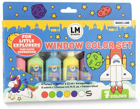 LM-Kreativ Window Color - Petits Explorateurs, 7 Peintures Repositionnables Effet Vitrail (22 ml chacune), Contour Noir Inclus, 14 Modèles pour Fenêtres et Surfaces Lisses