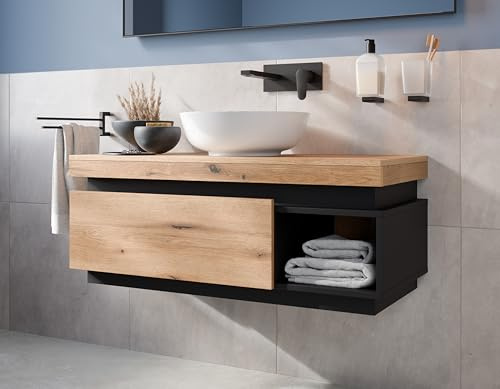 Easy4You Unterschrank 100 cm Matt Schwarz/Eiche mit Schublade und Ablage Hängeschrank Badschrank Badezimmerschrank