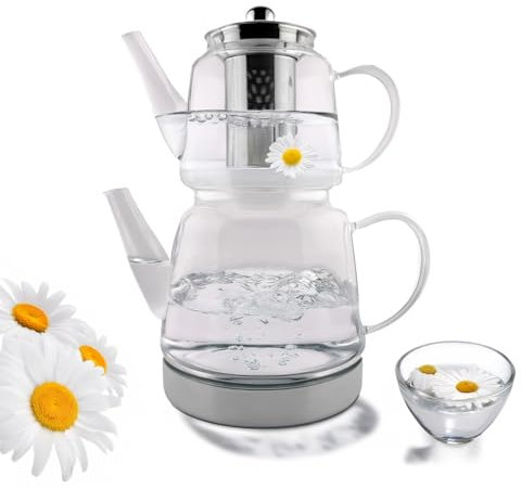 Tetera doble de cristal – 2 en 1 con colador de acero inoxidable – 1,5 litros + 600 ml – apta para inducción – cristal transparente de borosilicato – apto para lavavajillas